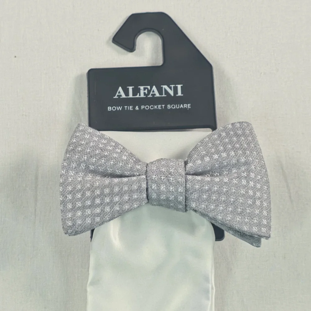 Alfani Mens Bow Tie & Pocket Square Set OS Grey/White Geometric Necktie NWT